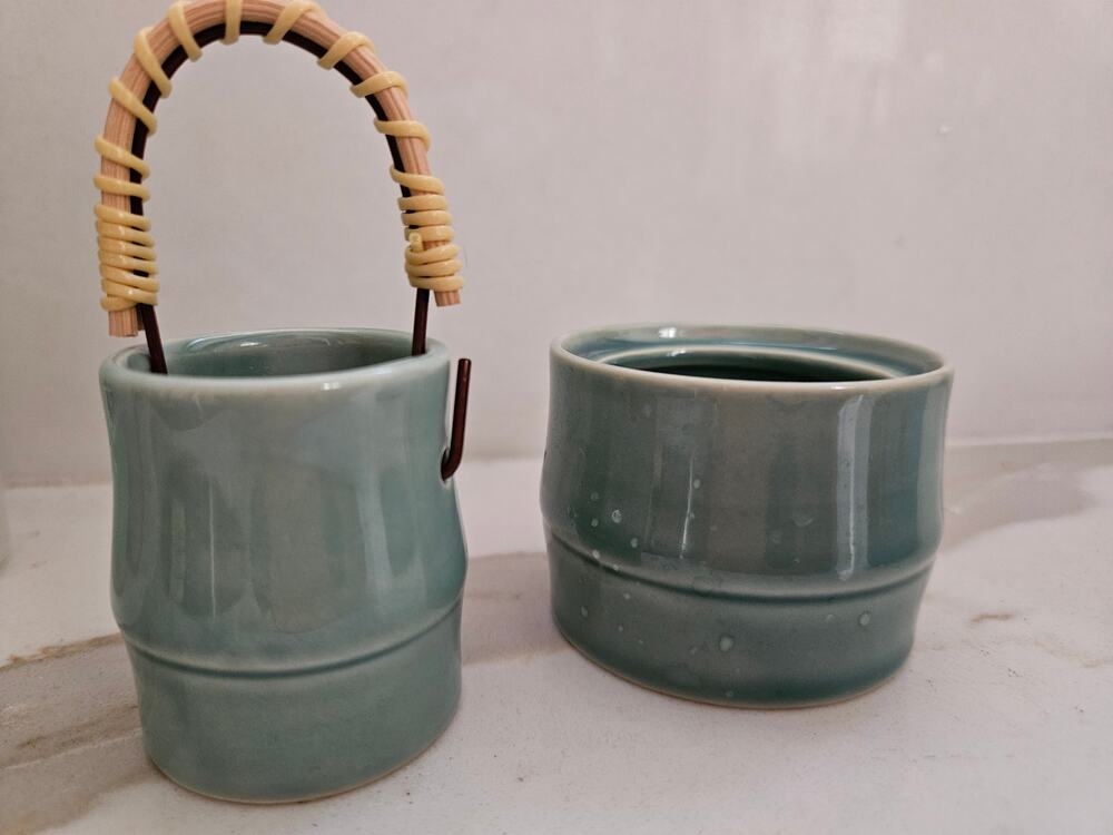 Vintage Celadon Green Glazed Ceramic Nesting Tea Sugar Pots Woven Rattan Handle